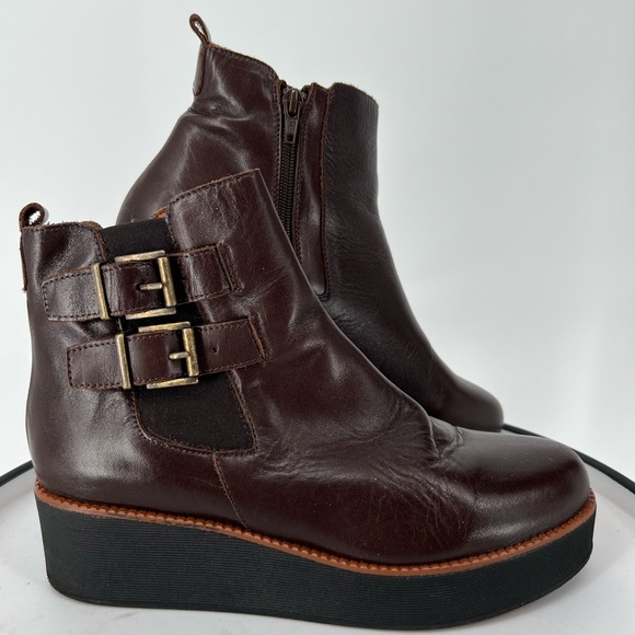 MARROQUI SANCHEZ BROWN WEDGE HEEL LEATHER BOOTIES‎ - Picture 1 of 10